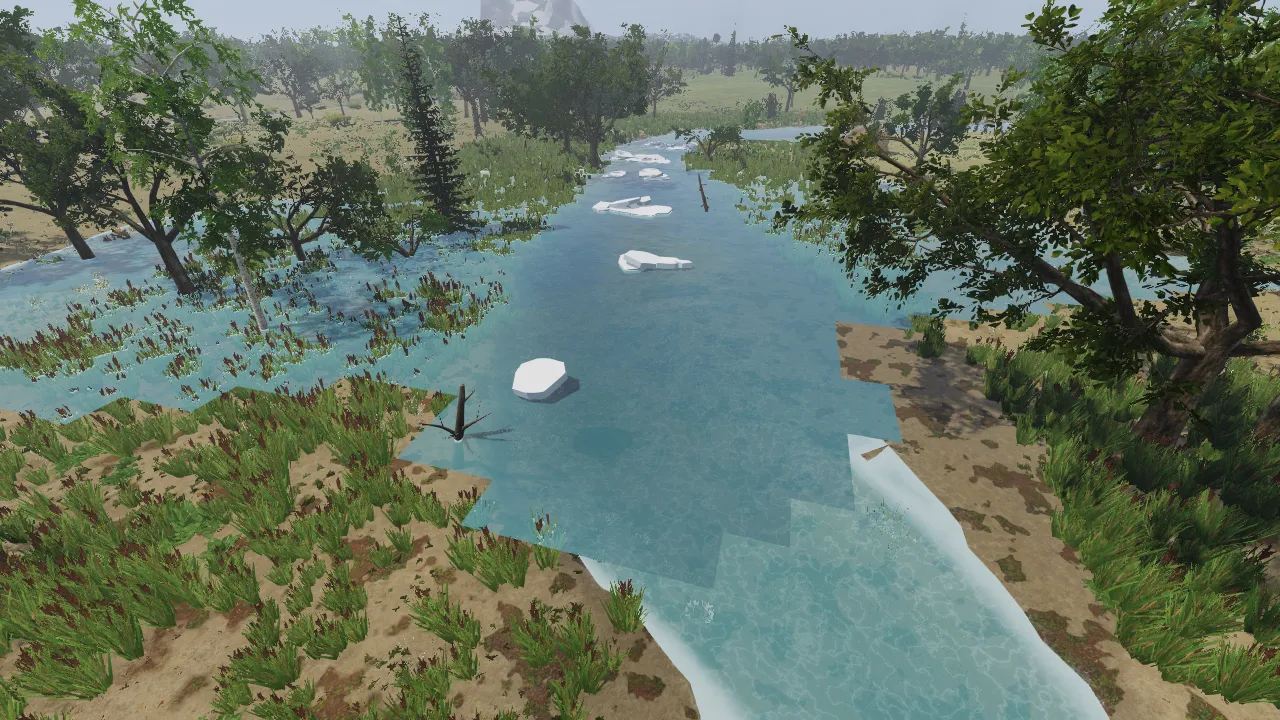 Eisschollen treiben auf einem Fluss im Frühjahr.